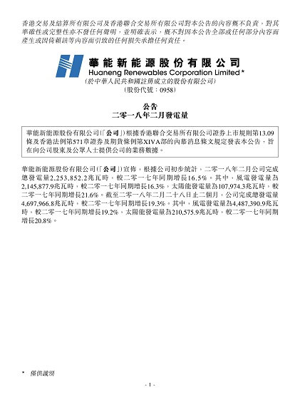 華能新能源2月風電發(fā)電量21.46億千瓦時 同比增長16.3%