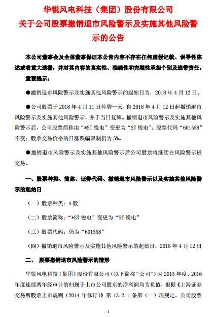 華銳風(fēng)電退市風(fēng)險警示及實(shí)施其他風(fēng)險警示撤銷