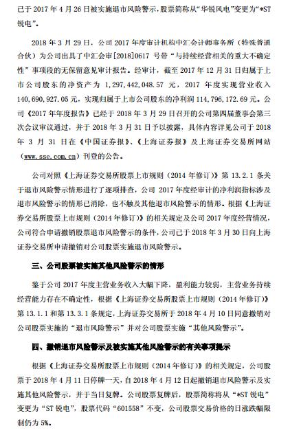 華銳風(fēng)電退市風(fēng)險警示及實(shí)施其他風(fēng)險警示撤銷