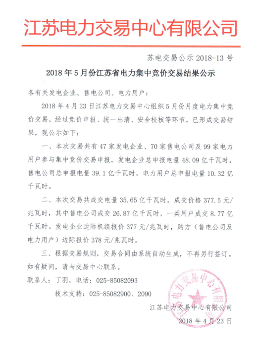【江蘇電力交易中心】2018年5月份江蘇省電力集中競價(jià)交易結(jié)果