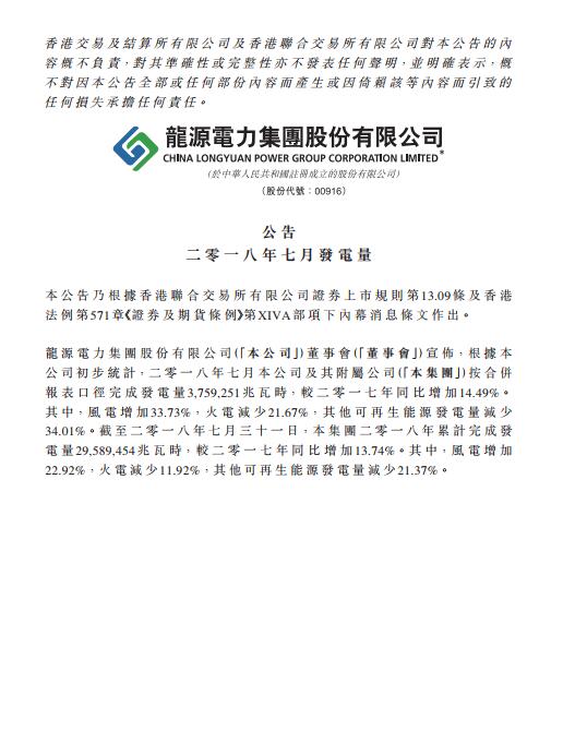同比增長33.73% 龍源電力7月風(fēng)電發(fā)電量持續(xù)增長