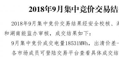 湖南9月月度集中競(jìng)價(jià)交易：成交電量18531兆瓦時(shí)