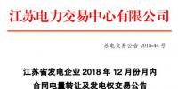 江蘇電力交易中心日前發(fā)布了《江蘇發(fā)電企業(yè)2018年12月份月內(nèi)合同電量轉(zhuǎn)讓及發(fā)電權(quán)交易公告》