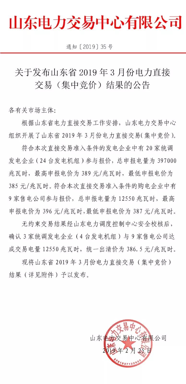 山東省2019年3月份電力直接交易（集中競(jìng)價(jià)）結(jié)果：統(tǒng)一出清價(jià)386.5元/兆瓦時(shí)
