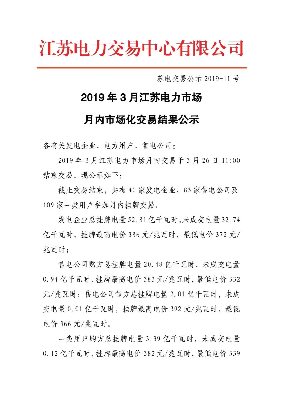 2019年3月江蘇電力市場(chǎng)月內(nèi)市場(chǎng)化交易結(jié)果：成交均價(jià)377.53元/兆瓦時(shí)
